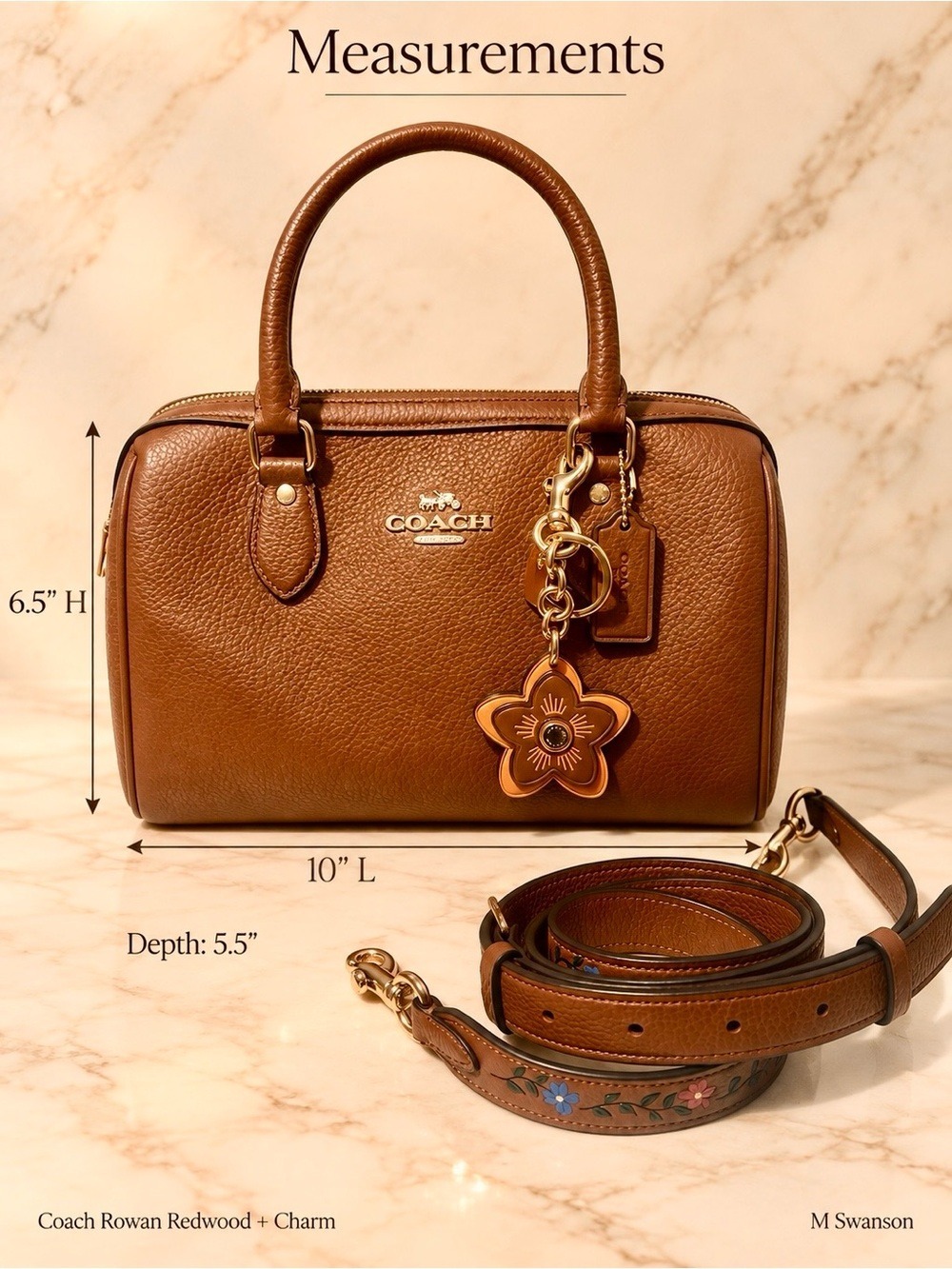 Coach Rowan Redwood Satchel CT841 Floral Strap + Leather Flower Charm Set NWOT - Picture 5 of 9